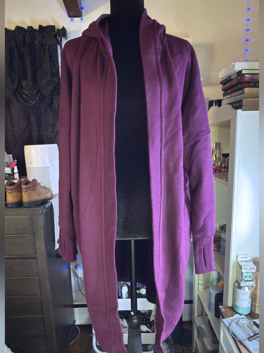 Mono B- Open Front Longline Cardigan with Hoodie - Plum
